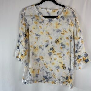 Pure Jill linen Sz:S Tall Women's Floral Blouse in Yellow and Gray 100% linen